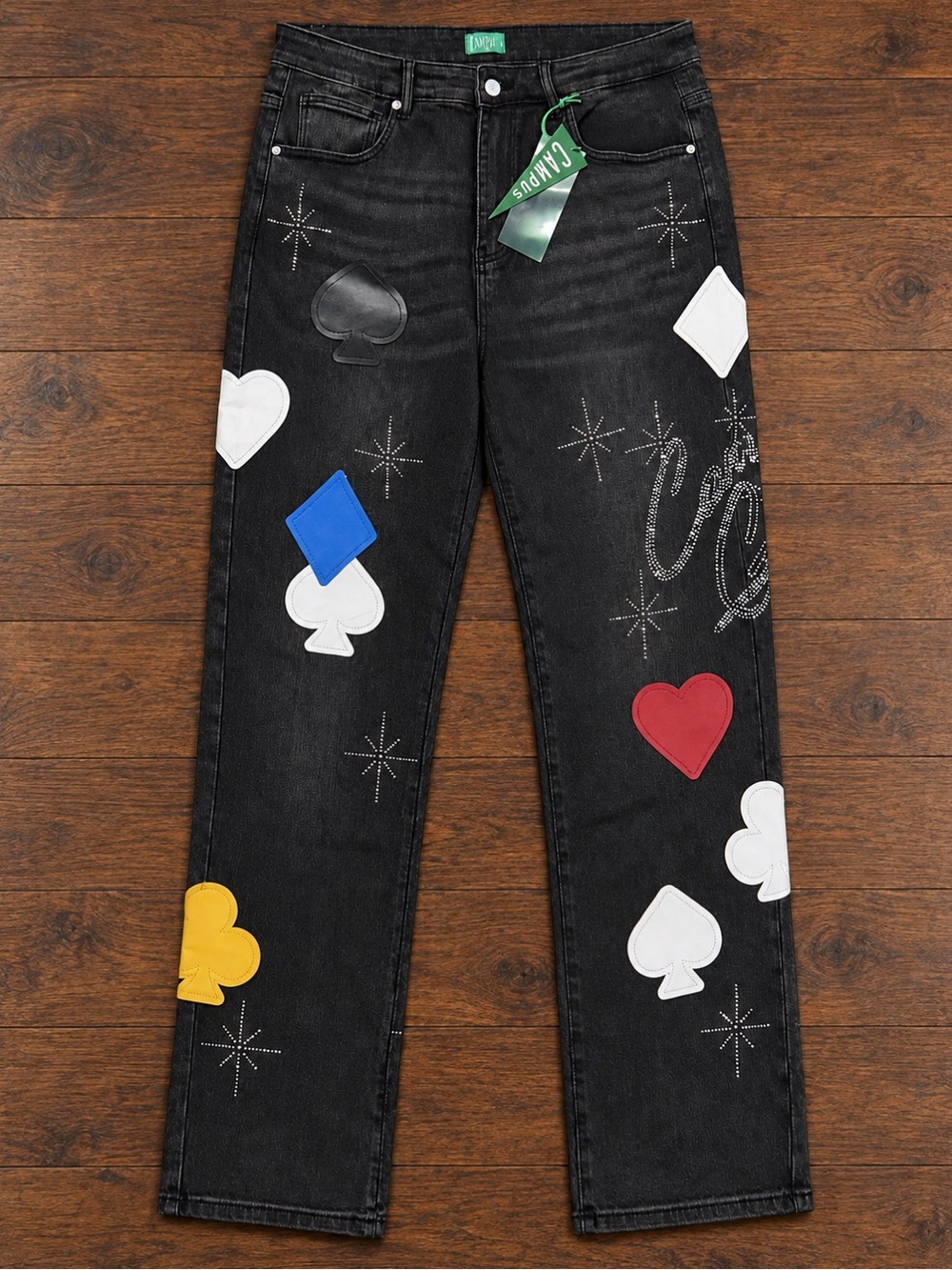 Campus Casino Playing Card Rhinestone Jeans Black 38 NWT
